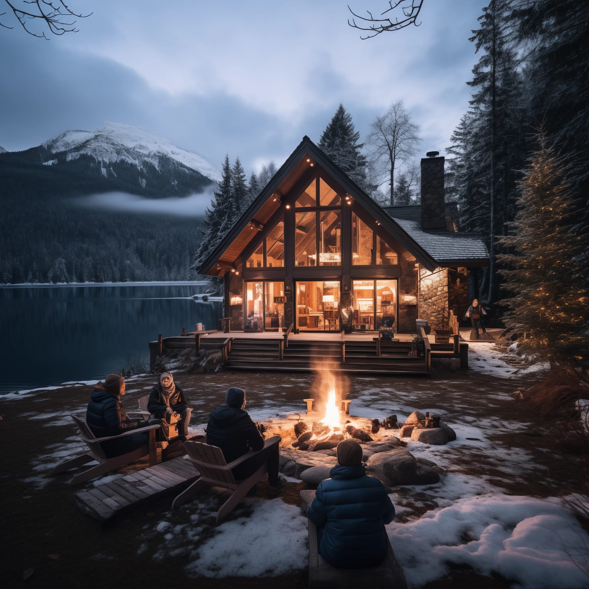 Family sitting arround a fire pit in front of cabin